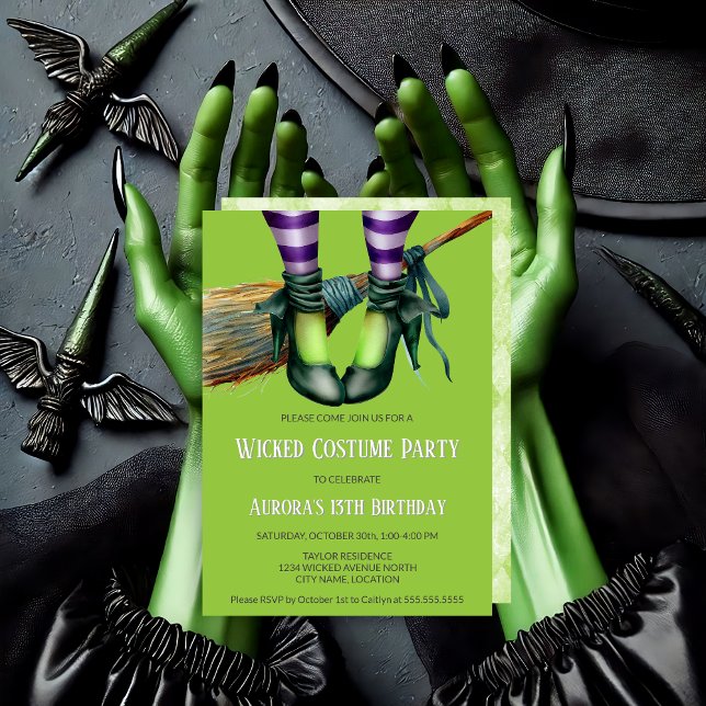 Convites Festa de Roupa de Bruxa Má (Green wicked witch party invitation front and some back invitation view.)