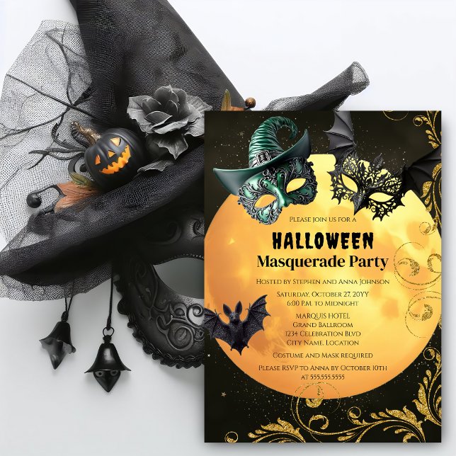 Convites Festa de roupas de Mascarada de Halloween (Full moon, bats, and Halloween masquerade costume party invitation front.)