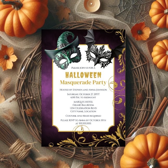 Convites Festa de roupas de Mascarada de Halloween (Halloween masquerade party invitation front.)