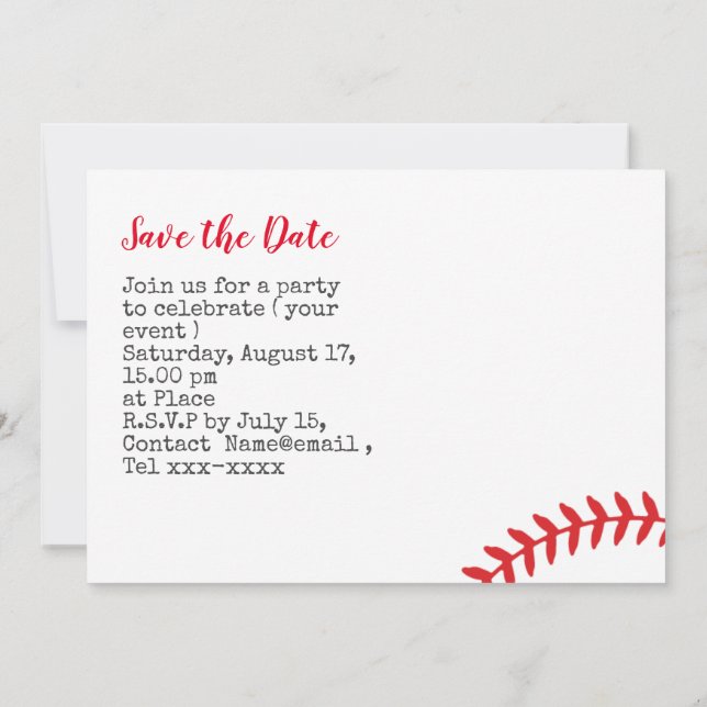 Convites Festa de save the date de beisebol  (Verso)