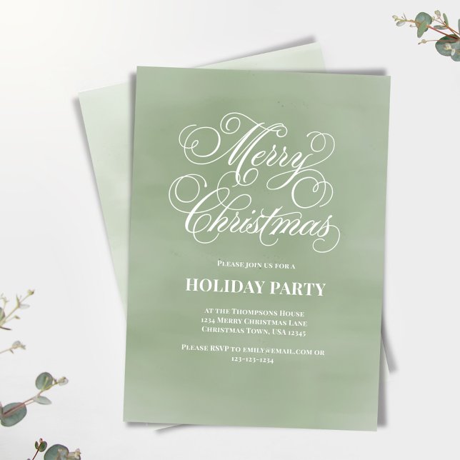 Convites Festa de Scripts de Natal Verde (Merry Christmas green watercolor invitation.)
