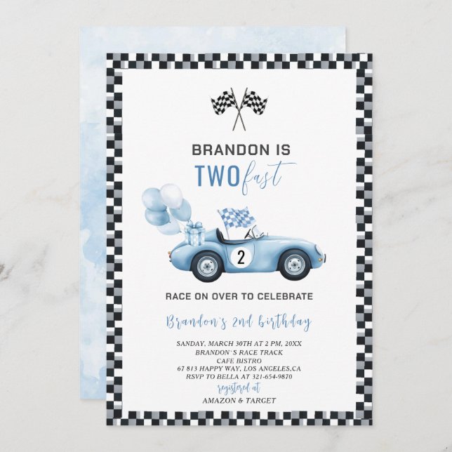 Convites Festa de segundo aniversário de Carros de Corrida  (Frente/Verso)