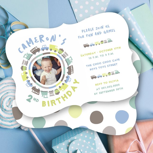 Convites Festa de segundo aniversário de Foto de Transporte (Boys Toys Pastel Blue Fun Transport Photo Kid's 2nd Birthday Party Invitation @ fatfatin_mini_me)