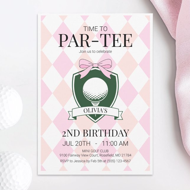 Convites Festa de segundo aniversário de Golfe Rosa Par-Tee (Time to Par-Tee Pink Golf 2nd Birthday Party Invitation)