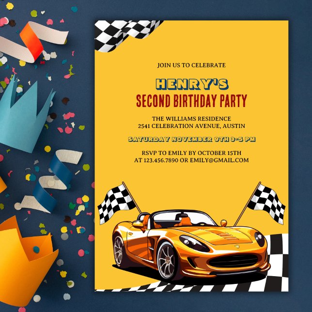 Convites Festa de segundo aniversário de Menino da Corrida  (Yellow Race Car Theme Boy 2nd Birthday Party Invitation)