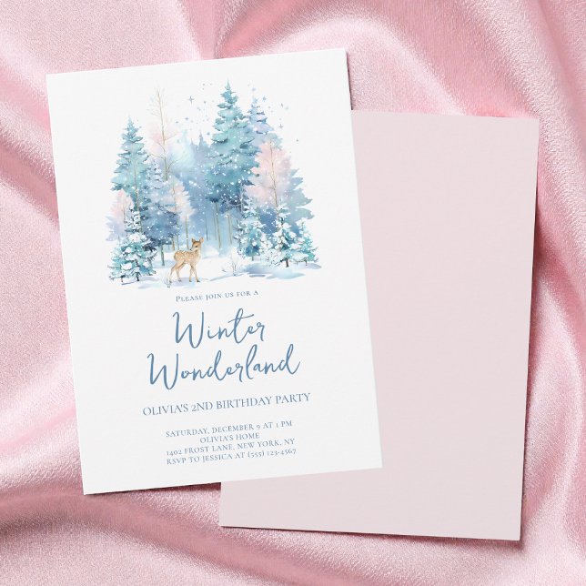 Convites Festa de segundo aniversário do Wonderland Winter  (Pink Woodland Winter Wonderland 2nd Birthday Party Invitation)
