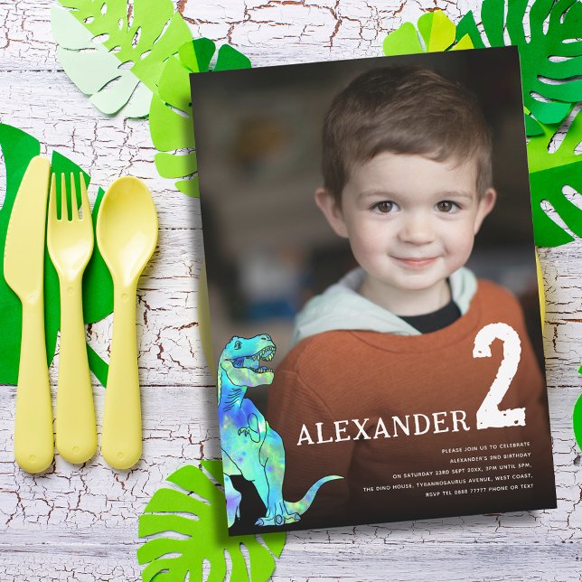 Convites Festa de segundo aniversário Personalizada do Dino (Colorful Dinosaur T-Rex roar personalized photo 2nd birthday party invitation)
