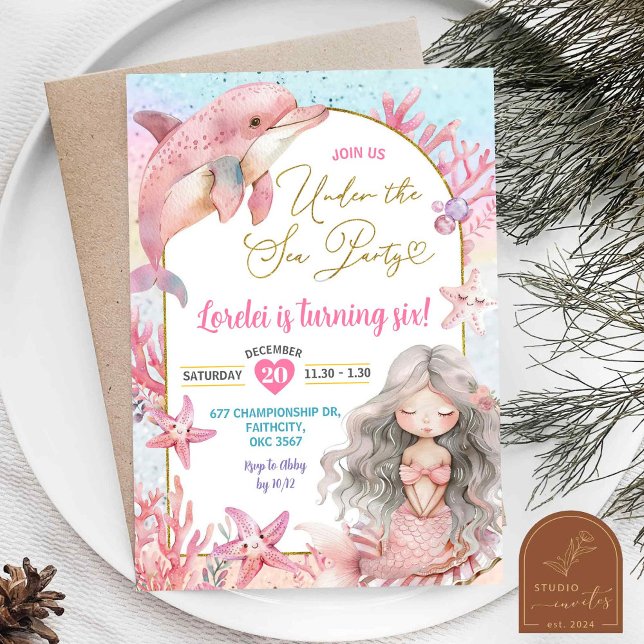 Convites Festa de Sereia do Mar de Golfinho Rosa Rapariga d (Criador carregado)