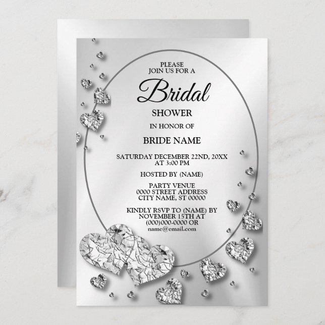 Convites Festa de Show de Noiva Coração Brilhante Cinza Pra (Frente/Verso)