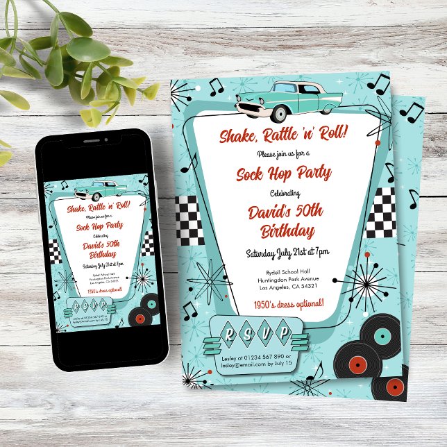 Convites Festa de Sock Hop dos Anos 50 (1950s Sock Hop Dance Party Invitation)