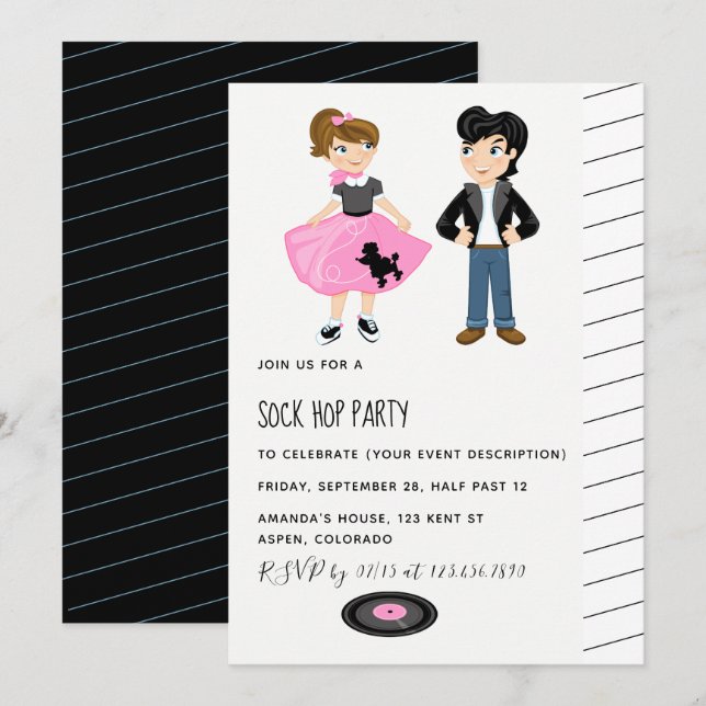 Convites Festa de Sock Hop Kids Rock and Roll Retro (Frente/Verso)
