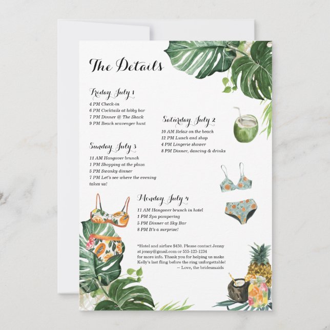 Convites Festa de solteira Beach Weekend 4 Day Itinerary (Verso)