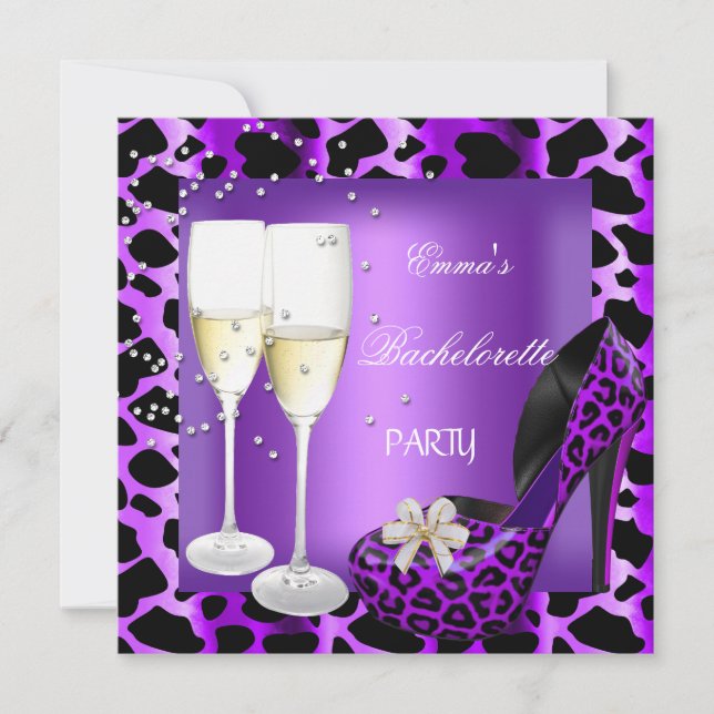 Convites Festa de solteira Calçados Pretos-Leopardo Roxos (Frente)