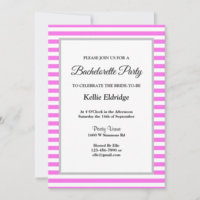 Convites Festa de solteira com moldura de tiras rosa/branca (Frente)