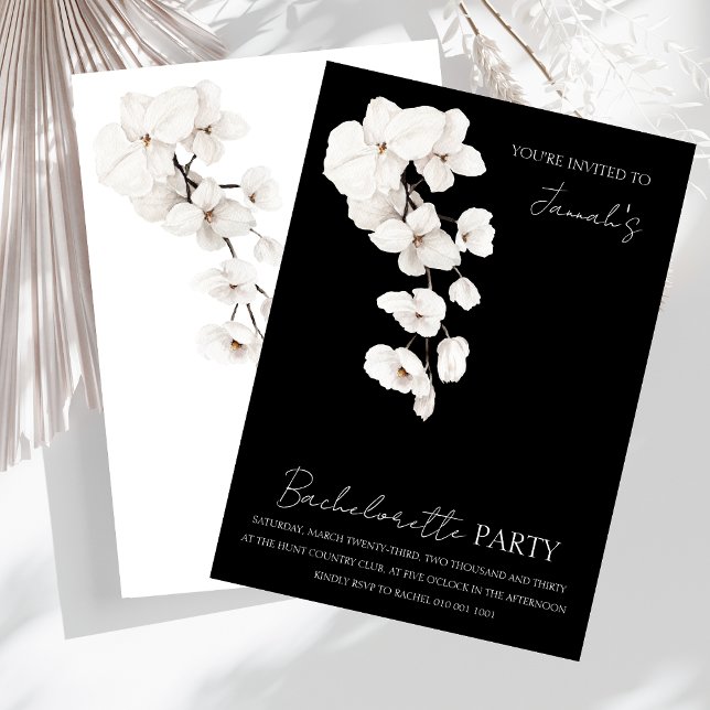 Convites Festa de solteira das Orquídeas Brancas Negras Mod (Modern Black and White Orchids Flowers Bachelorette Party Wedding Invitation)