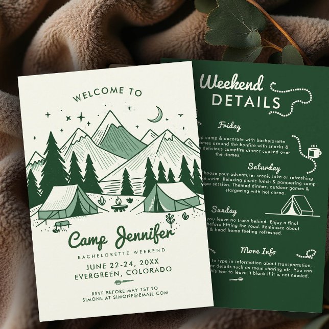 Convites Festa de solteira de acampamento verde do acampame (camp bachelorette invitation itinerary green camping glamping 3-day weekend bach nature)