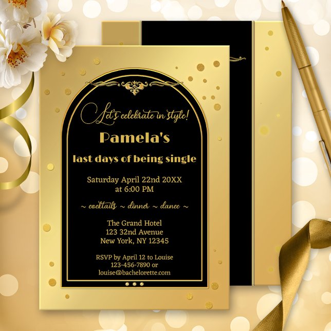 Convites Festa de solteira de Confetti Preto Dourado Chic (A classic gold and black bachelorette party invitation with sparkling gold confetti.)