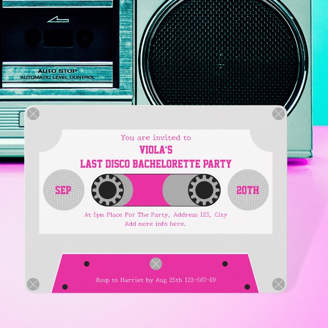 Convites Festa de solteira de fita cassete de disco retrorr (last disco cassette tape bachelorette party invitation retro pink disco bride silver disco ball)