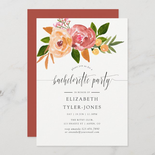 Convites Festa de solteira de flores silvestres de aquarela (Frente/Verso)