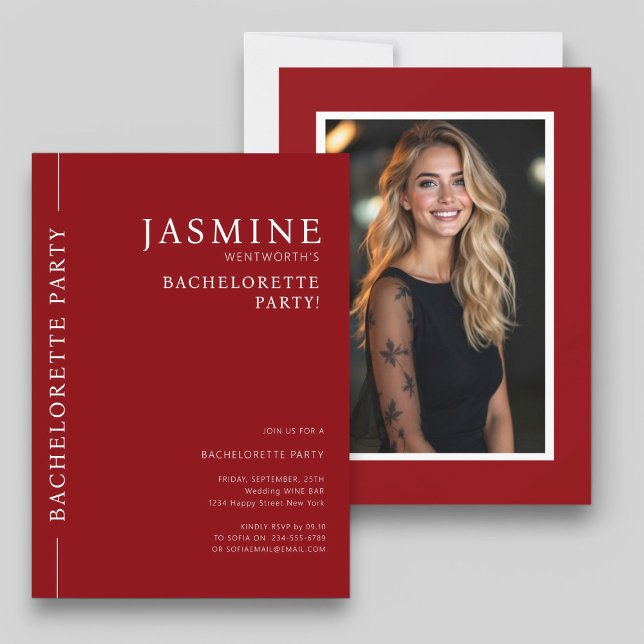 Convites Festa de solteira de fotografia simples moderna (modern clean typography bachelorette party invitation in red and white )