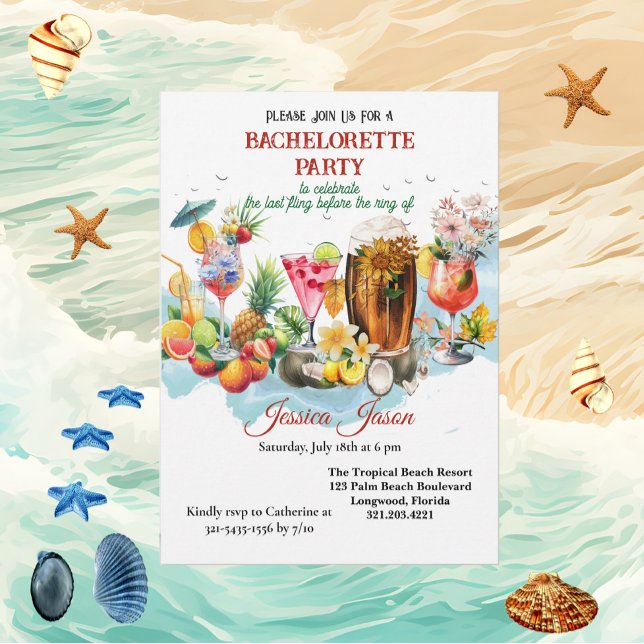 Convites Festa de solteira de Frutas Tropicais de Praia (Beach Cocktails Tropical Fruits Bachelorette Party Invitation)