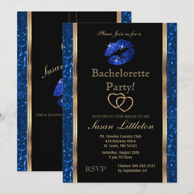 Convites Festa de solteira de Lábios brilhantes azuis escur (Frente/Verso)
