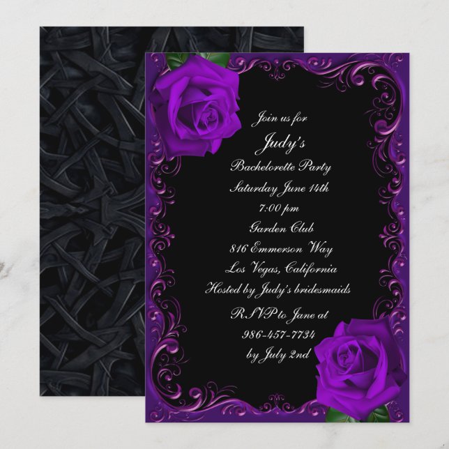 Convites Festa de Solteira de Rosas Roxas Elegantes Goth (Frente/Verso)