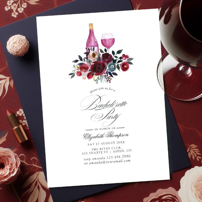 Convites Festa de solteira de vinho borgonha e Marinho (Burgundy and Navy Floral Wine Bachelorette Party Invitation)
