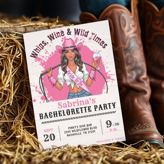 Convites Festa de solteira De Vinho E Tempos Selvagens (Cowgirl Bachelorette Party Whips Wine & Wild Times Invitation
)
