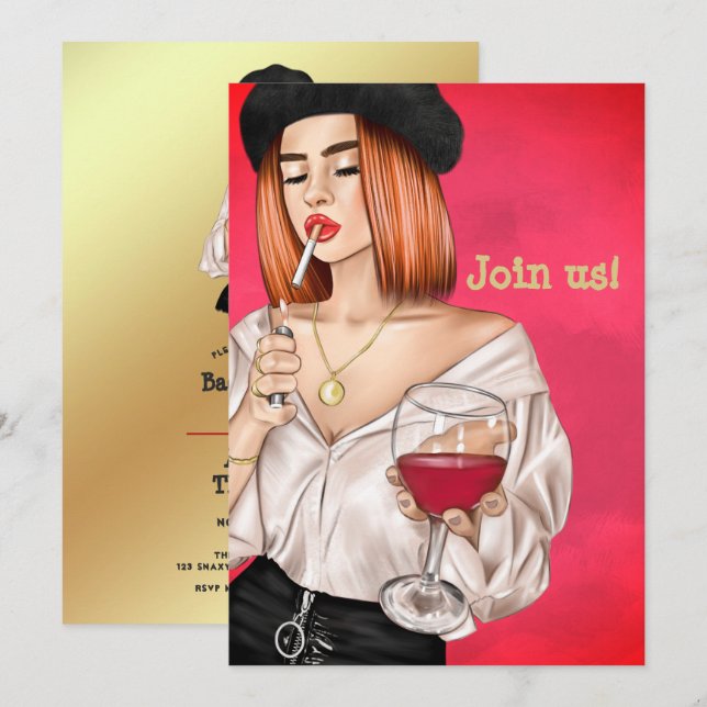 Convites Festa de solteira de vinho francês de cabelos verm (Frente/Verso)
