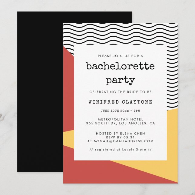 Convites festa de solteira do estilo Memphis Pop da década  (Frente/Verso)