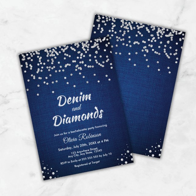 Convites Festa de solteira Elegante de Azul Denim e Diamant (Blue Denim and Diamonds Elegant Bachelorette Party Invitation )