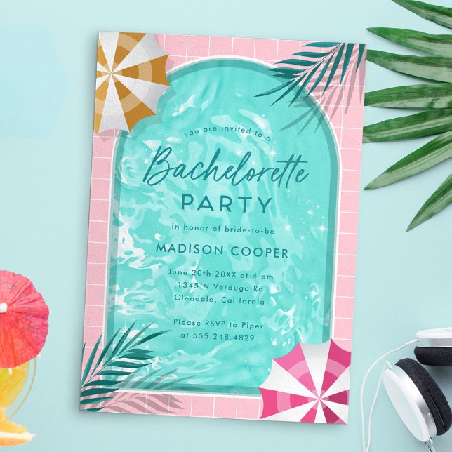 Convites Festa de Solteira em Palm Springs à Beira da Pisci (Palm Springs bachelorette pool party invitation template)