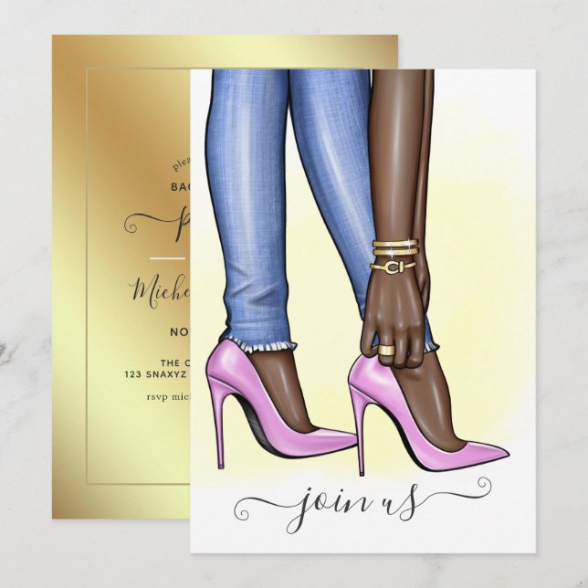 Convites Festa de solteira fashionista rosa e Dourada (Frente/Verso)