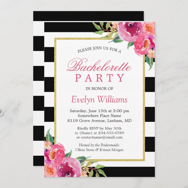 Convites Festa de solteira Floral da Fúchsia, Rosa Púrpura, (Frente/Verso)