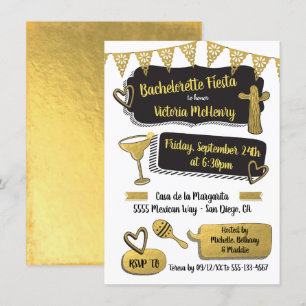 Convites Festa de solteira Funky Mexicano Fiesta Gold Foil