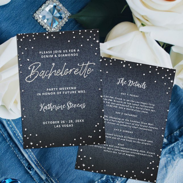Convites Festa de solteira Itinerária de Ouros de Denim (denim and diamonds bachelorette invitation itinerary glitter bling glitz glam blue white classy)