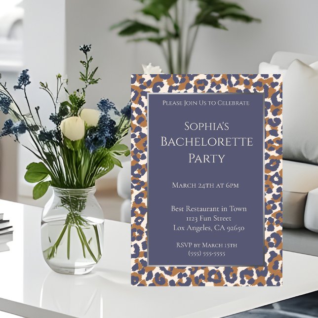 Convites Festa de solteira-Leopardo-Padrão-Azul e Castanho- (Bachelorette Party-Leopard Print-Blue and Brown- Invitation)