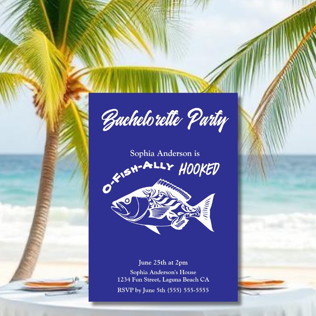 Convites Festa de solteira "O-fish-ally Hooke" azul (Bachelorette Party O-fish-ally Hooked Fisherman Core Hawaiian Fish islander Bachelorette Invitations)