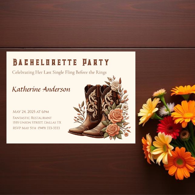 Convites Festa de solteira Ocidental do País (Country Western-Flowers with Cowboy Boots-Bachelorette Party Invitation)