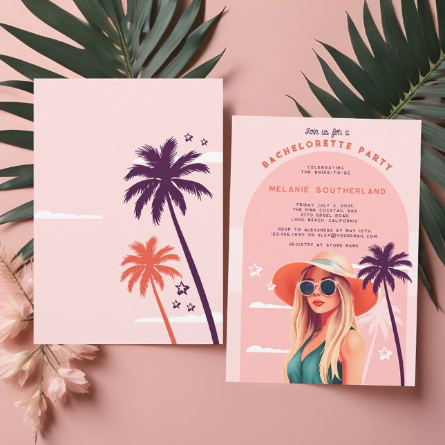 Convites Festa de solteira Retro Rosa Girly Beach (Retro Pink Girly Beach Bachelorette Party Invitation)