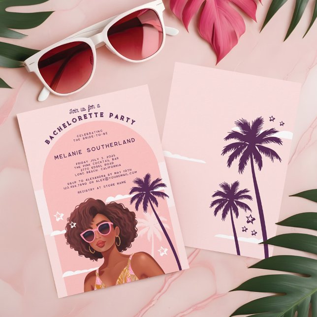 Convites Festa de solteira Retro Rosa Girly Beach (Retro Pink Girly Beach Bachelorette Party Invitation)