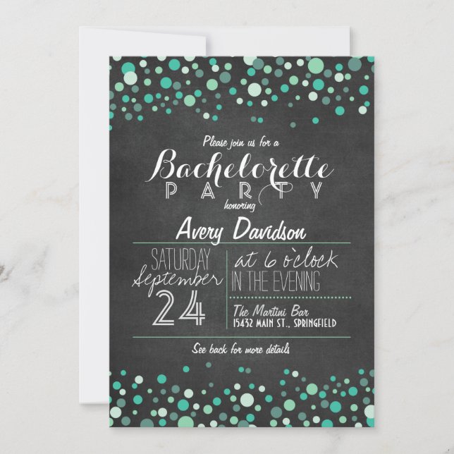 Convites Festa de solteira Teal Green Confetti Chalkboard (Frente)