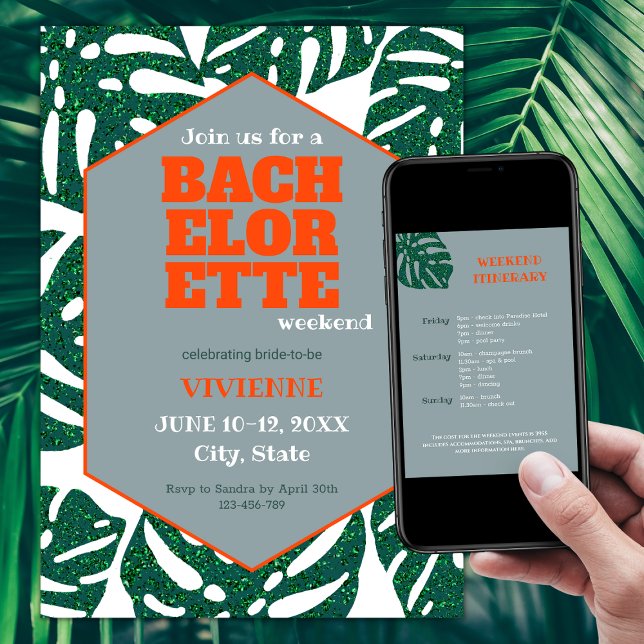 Convites Festa de solteira tropical Monstera (tropical bachelorette party invitations glitter mostera green and orange bachelorette tropical)