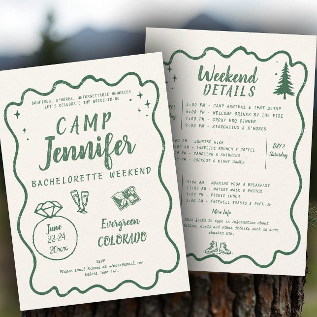 Convites Festa de solteira Verde de Quadro Desenhado à Mão (camp bachelorette invitation handwriting hand written camping glamping hiking itinerary bach)