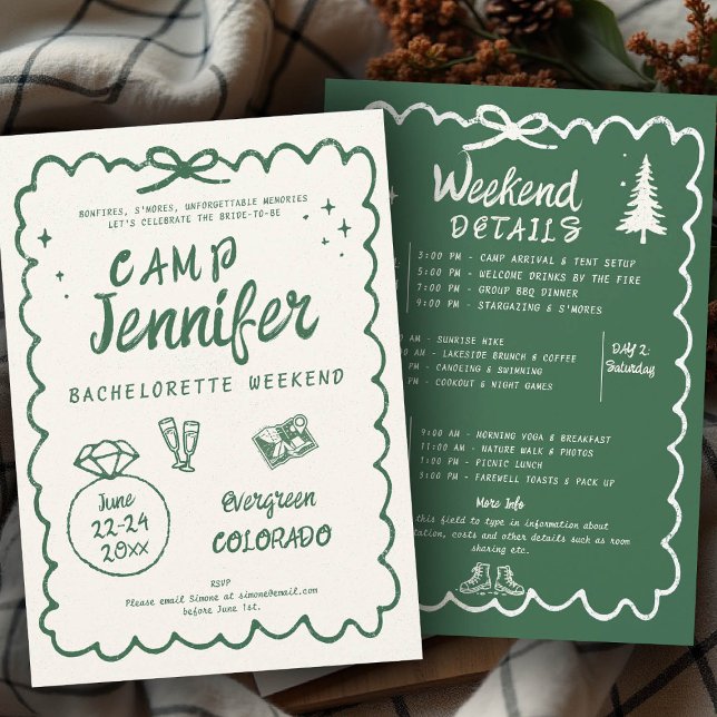 Convites Festa de solteira Verde Desenhada à Mão de Acampam (camp bachelorette invitation handwriting hand written camping glamping hiking itinerary bach bow)