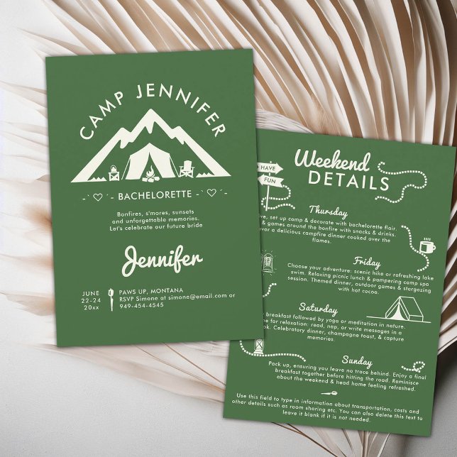 Convites Festa de solteira Verde do Acampamento Glamp (camping bachelorette weekend trip itinerary modern minimalist camp bride bridesmaids mountain forest)