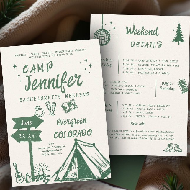 Convites Festa de solteira Verde do Campo Escrito à Mão (camp bachelorette invitation handwriting hand written itinerary camping glamping hiking nature bach)