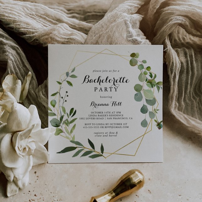 Convites Festa de solteira verde tropical Dourada geométric (Criador carregado)