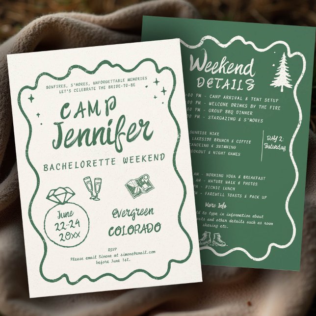 Convites Festa de solteira Verde Verde Desenhada à Mão de A (camp bachelorette invitation handwriting hand written camping glamping hiking itinerary bach green)